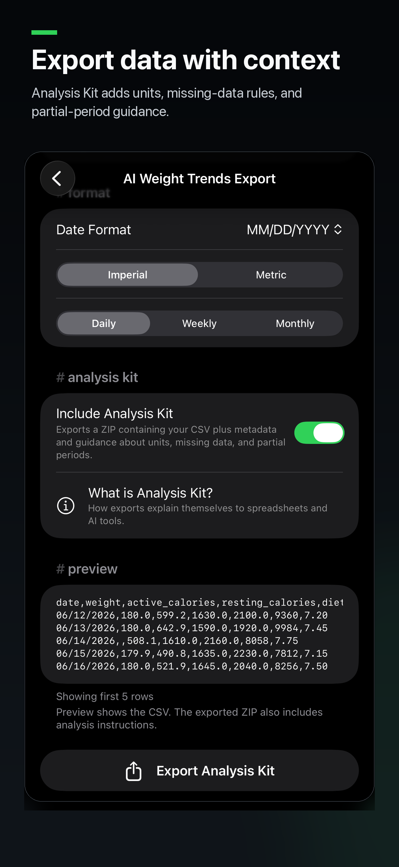 MetricPull Analysis Kit export preview on iPhone