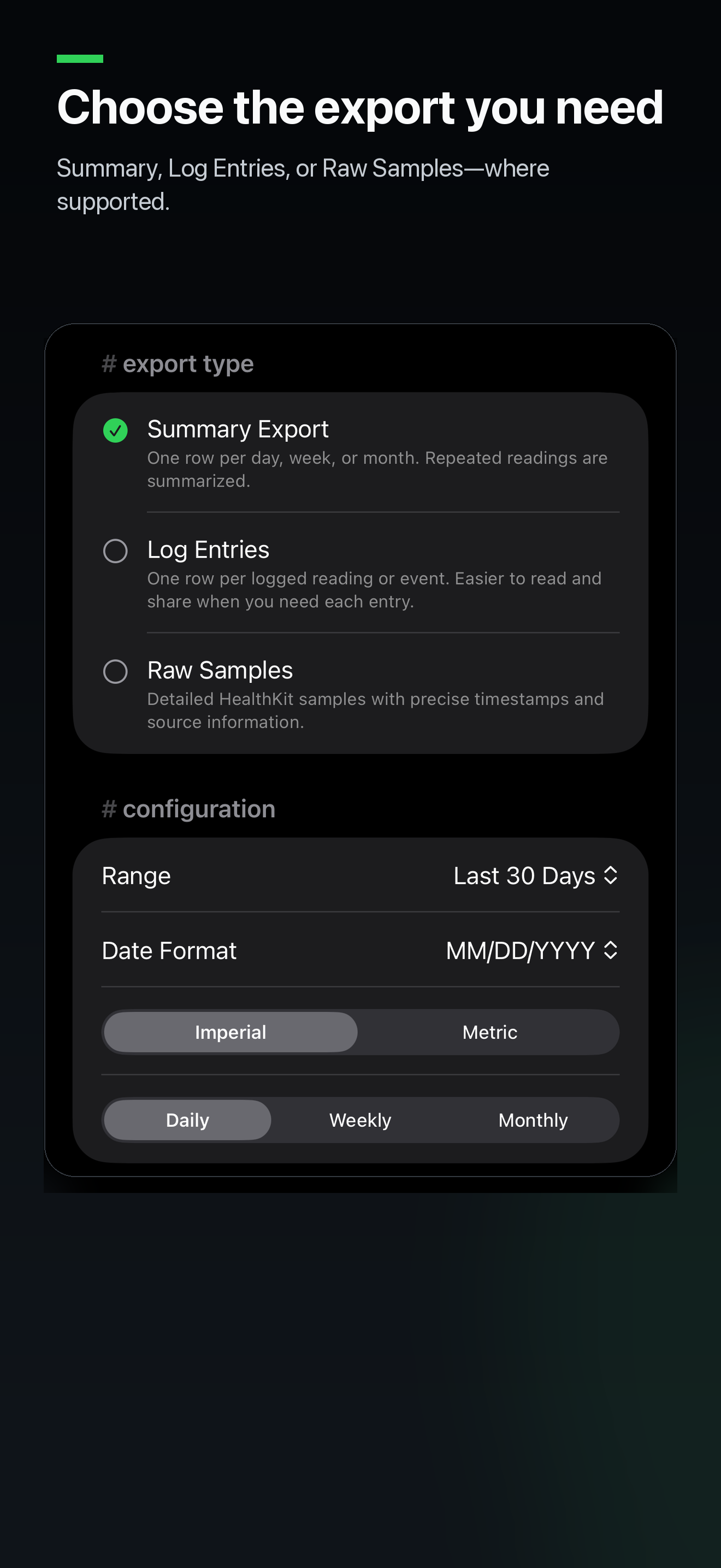 MetricPull export mode options on iPhone