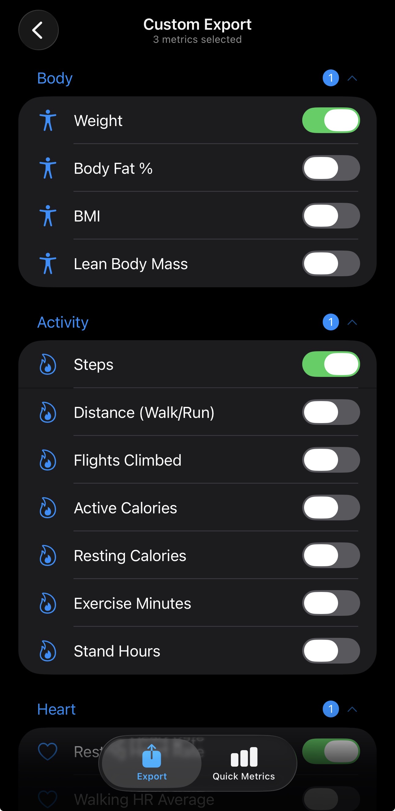 Custom Export metric picker — Body and Activity categories expanded with selection count