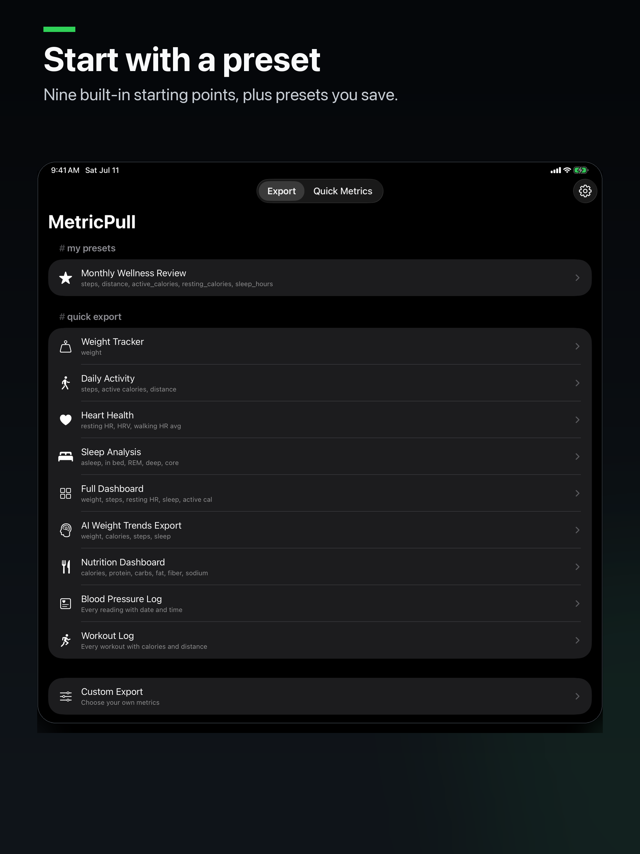 MetricPull presets on iPad