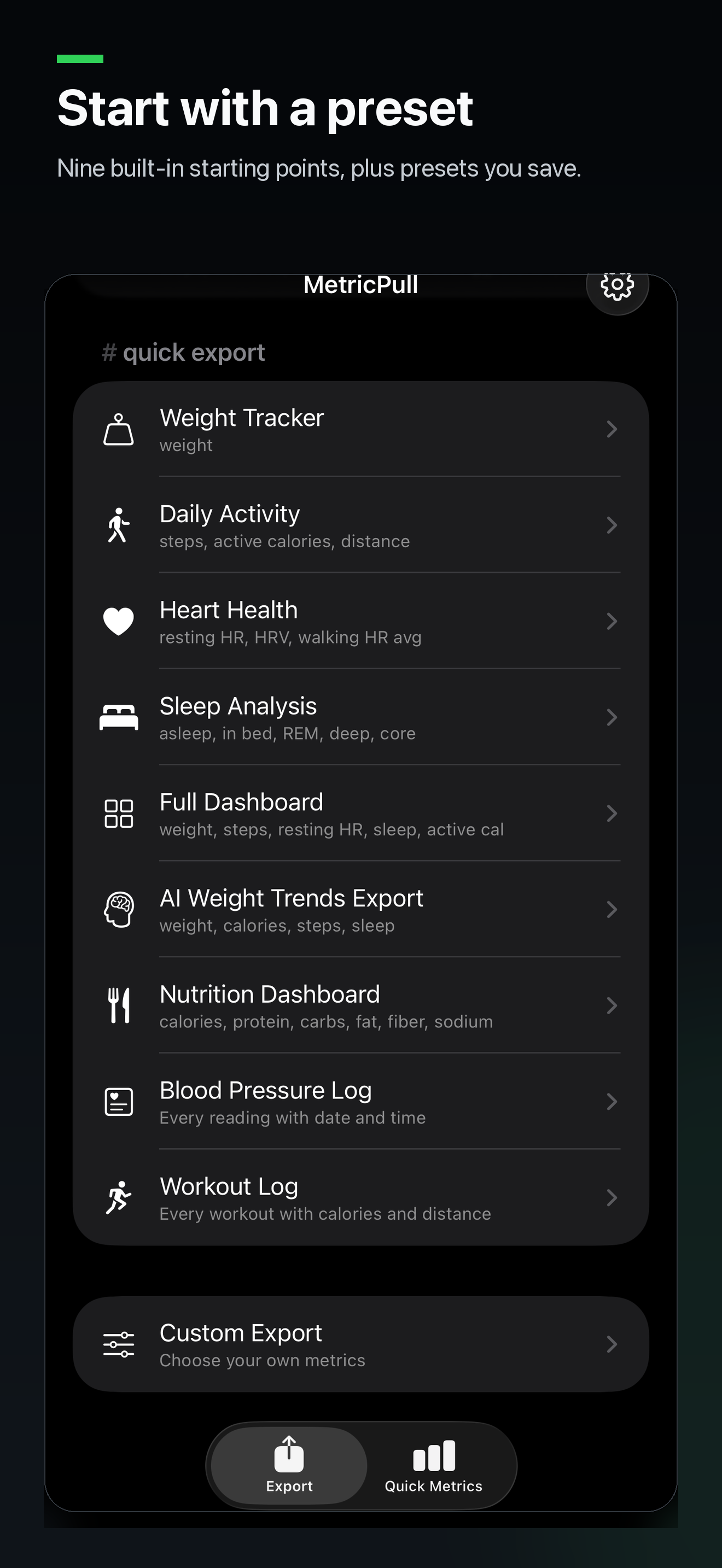 MetricPull presets on iPhone